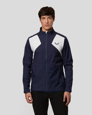Navy Golf Axel Jacket with white patches and navy logo on the outer chest